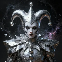 front shot of a court jester character fine portrait fine portrait mesmerizing fractal hyper cubes platinum cracked dark future hyper dimensional space galactic crystal shard nebula edges elegant detailed intricate concept artstation sharp focus cinematic masterpiece temporal corruption beeple wlop lok du germ gustave dore 8 4 k scifi realistic illustration fujifilm ray tracing nvidia octane render