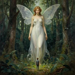 giant nymph standing tall over a tiny man, forest, painting
