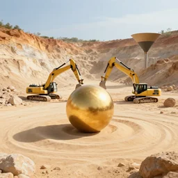 in the center of a large sandy quarry in the sand lies a large golden ball, a broken excavator is standing nearby, an anomalous air funnel is nearby, 3 d render, high quality, depth of sharpness, focus on the object