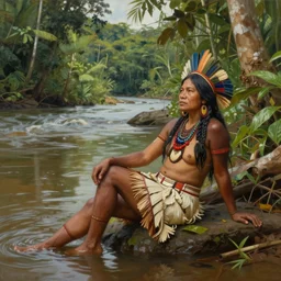 a realistic painting of an indigenous woman relaxing near a river in the amazon jungle, highly detailed, trending on devian art, art by christophe vacher