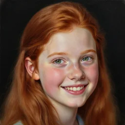 hyper realistic painting portrait of a smiling redhead girl by stjepan sejic, by norman rockwell, by michael hussar, 5 5 mm, f / 1. 8, black background, detailed face, beautiful green eyes
