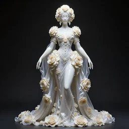 alone with herself wonderful symmetrical liquid albino goddess with a beautiful porcelain body dressed with a majestic semi transparent silk cream roses long dress, hightly ornate, intricate, detailed, dramatic light, award winning, octane render, meredit frampton style