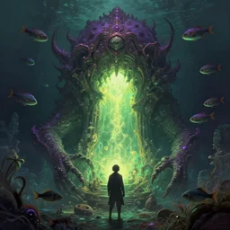 surrealistic monster on alien planet, underwater world, many fish, ornate and intricate, glowing nether portal, dim painterly lighting volumetric aquatics, jaw droping by anton fadeev, by rhads, by francis bacon, 4 k, detailed, subsurface scattering, green - purple - yellow lighting, trending on pixiv