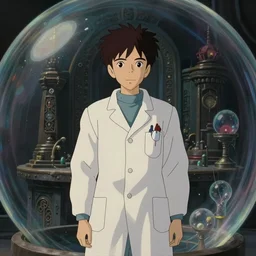 hyperrealist, studio ghibli dull colors portrait from close encounters of the third kind 1 9 7 7 of a young scientist standing in a bubble temple.