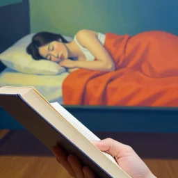 close - up of a book in hand of a korean woman sleeps from behind in levitation above her bed vibrant by akihiko yoshida and edward hopper