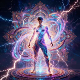 an overdetailed maximalist psychedelic visionary fullbody portrait artwork by cameron gray. mandala inspired motives in the background. everything made of energy and lightnings. spiralling composition. influenced by igor goryunov.