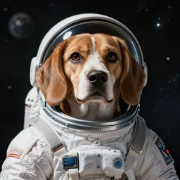 a beagle dog in a space suit in space portrait