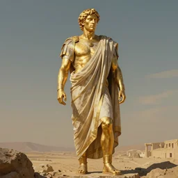 giant Rami Malek with golden skin. Wearing ancient roman toga. Distant full body shot. Artwork by Alex Ross