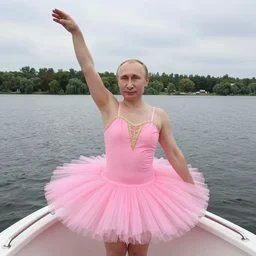 ( ( green putin wearing a pink tutu ), on a boat on a lake!!!!!!!!!!!!