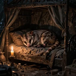 cute possum sleeping inside a bed in a dark medieval cluttered cottage at night under the dim light of a candle,  dark fantasy, dreaming illusion, trending on artstation