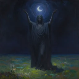 the celestial being holds a burden of darkness above him, but beneath his feet is a land of peace | epic painting by craig mullins
