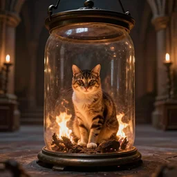 the cat is sitting inside of a large glass vessel inside a medieval palace filled with fire