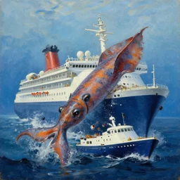 A giant squid destroying a cruise ship in the middle of the ocean, oil painting