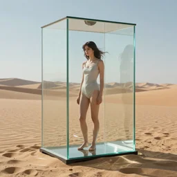 a  girl in a box of glass total body in the middle of a desert,s full of water in style by Avedon, ureal engine, cinematic rendering, volumetric lighting  in style of fine art photography magazine