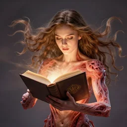 a girl with magic book coming out from her arms, under the skin, ultradetailed, hair flowing down, 8 k, hyperrealistic, hyperdetailed, fantasy portrait by laura sava