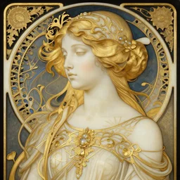 a beautiful girl made of ivory and gold, highly intricate, digital art, very detailed, in the style of a liminal modern art nouveau flemish painting
