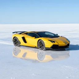 photo of the uyuni salt plains with a lamborghini, water, reflections, sunny day