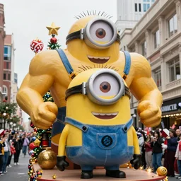 photo of giant muscular minion parade float in the macys thanksgiving parade, detailed 4 k photo