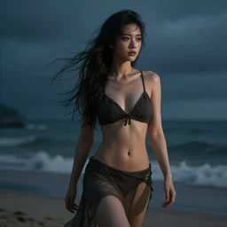a photorealistic hyperrealistic, jade hsu, jada fox, girl on the beach, beautiful dynamic dramatic low - light moody lighting, cinematic atmosphere, artstation, concept design art, octane render, 8 k
