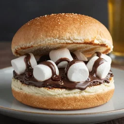 dslr food photograph of burger with a few marshmallows in it, some chocolate sauce, 8 5 mm f 1. 4