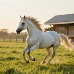 a white galloping white station with flowing mane on a beautiful meadow at sunrise