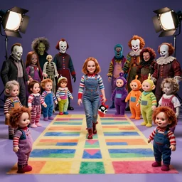a colorful portrait photograph of divine playing twister, with creepy cursed dolls like little miss no name, face bank, fearsome flush, cursed mickey, blippy in the box, jolly chimp, fingertronic howdy doody electronic puppet, skinny bones, cursed teletubbies, trolls, boobahs, chucky, jigsaw, leatherface, michael myers, pazuzu, chatterer, pennywise, pale man in 1 9 9 0 s, studio light photography, high definition, 8 k, taken by alex webb
