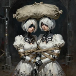 a painting of 2 b nier automata tied up in a dungeon with a bag on her head, full view, popular on artstation, artstationhd, artstationhq 8 k, volumetric lighting, trending on artstation, artstationhd, artstationhq, ultra detailed, detailed head, by artgerm and james gurney, greg rutkowski