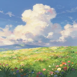 beautiful fantasy landscape with clouds and flowers, in anime aesthetic, atmospheric and colorful