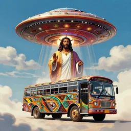 UFO hovering over an African Jesus , clouds, colorful, in the style of African bus art,