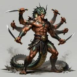 darkfantasy art of 4 - handed specie naga without tail, male, brutal, tatoo, look like barbarian with bronze skin, four handed, arm 4 swords, goro mortal combat