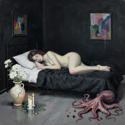 bedroom with black walls and a futon, sensual portrait of a woman sleeping, cracked handmade pottery vase, candles, white flowers on the floor, puddle of water, octopus, squashed berries, neo - expressionism, surrealism, acrylic and spray paint and oilstick on canvas