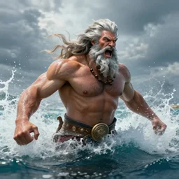 Proud and screaming Poseidon rising from the ocean, ready to fight, fantasy art, photorealistic