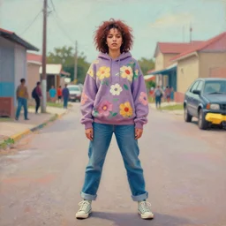still from music video of barbara palvin from die antwoord standing in a township street, wearing a hoodie and flowers, street clothes, full figure portrait painting by martine johanna, ilya kuvshinov, rossdraws, pastel color palette, 1 6 mm lens