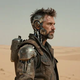 a rugged middle aged mechanic man with cybernetic enhancements and unique hair lost in the desert, scifi character portrait by greg rutkowski, esuthio, craig mullins, short beard, green eyes, 1 / 4 headshot, cinematic lighting, dystopian scifi gear, gloomy, profile picture, mechanical, half robot, implants, steampunk