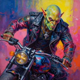 highly detailed oil painting of an apocalyptic scifi orcish biker by michael whelan, vibrant psychedelic colors, futuristic punk rock fashion, dynamic pose, perfect face, 8 k realistic, detailed eyes, leather jacket