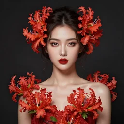 woman dressed in rafflesia flowers. realism art, high detailed, fine art, trending on artstation, smooth draw, perfect lightning, sharp focus.