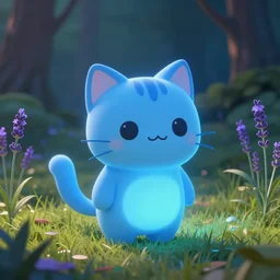 artstation illustration of a glowing blue adorable cute cat in grassy field with forest in the background, lavender growing nearby, cinematic lighting, high detail concept art, epic, award winning,
