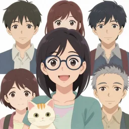 anime portrait of one smiling lady wearing eyeglasses with a cat by wlop, loish, ilya kuvshinov, makoto shinkai, and artgerm, elegant, vivid colors, hyperdetailed artistic lines, intricate, in the style of borderlands, artstation, 8 k, centered composition