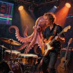 a beautiful painting by gerald brom of an octopus playing drums and telecaster guitar in an electronic concert, touchdesigner background, concert light, dark mood, warm neon lights