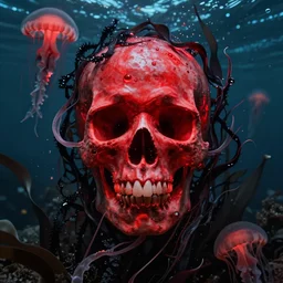 a glowing red skull in the sea enveloped by jellyfish tendrils and black seaweed by josan gonzalez and dan mumford and laurie greasley and ross tran, highly detailed, high contrast