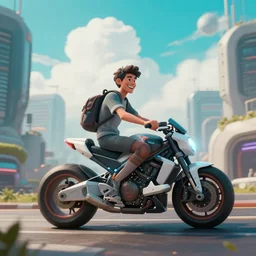 man sits happily on his futuristic motorcycle on a street in a futuristic cyberpunk city, the sky is a turquoise blue with beautiful white fluffy clouds, hyper realism volumetric lighting