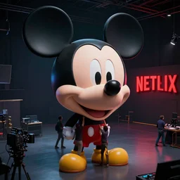 a giant mickey mouse animatronic head in a studio hall being lifted up by netflix workers, a glowing netflix sign in the background on the right, film studio equipment everywhere, photography, unreal engine, octane renderer, high angle view, cinematic, dark setting, deep depth of field