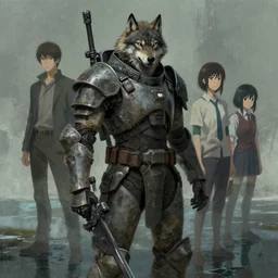 scifi soldier with wolf head in heavy armor, forbidden west, liminal space around, puddles of water, by simon stalenhag, by ian pesty and alena aenami and makoto shinkai, concept art, matte painting, washed colors,