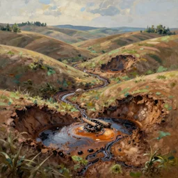 tar pits, rolling foothills, bubbling tar, extremely detailed oil painting, unreal 5 render, digital art, landscape painting, octane render, beautiful composition, trending on artstation, award winning photograph, masterpiece
