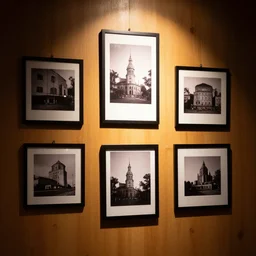 pictures hanging on a wooden wall lit by the hard key light.