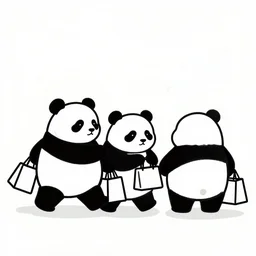 a one line drawing of pandas going shopping