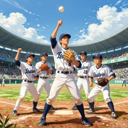 poster of young baseball players winning in koshien stadium, blue sky and white clouds, the feeling of summer, intricate, highly detailed, digital painting, artstation, concept art, sharp focus, illustration, global illumination, radiant light, art by rossdraws, tom bagshaw, lois van baarle, ilya kuvshinov, greg rutkowski and alphonse mucha, 8 k