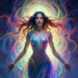 symmetrical portrait, maya ali as a wind sorceress, d & d, gloomhaven, soft luminescent glow, art nouveau, beautifully backlit, ripples, swirly vibrant color lines, fantastically gaudy, aesthetic octane render, 8 k hd resolution, by picasso, ilya kuvshinov, cushart krentz, gilleard james