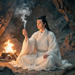A Taoist sitting by a fire in a cave conjuring a smoke dragon, soft colours with a dramatic lighting,