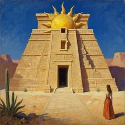 aztec art style. liminal space. the backrooms. sun temple. leonora carrington art style